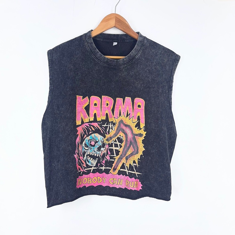 Karma Nobody Can Run Graphic Muscle Tee Acid Wash Black Raw Hem Large